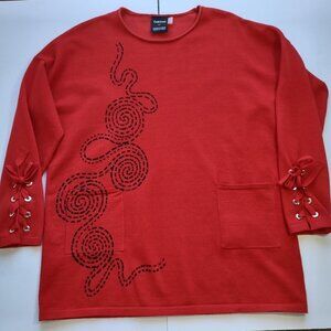 Cartise Red Sweater Top Black Sequins Festive Casual Bohemian Women Small